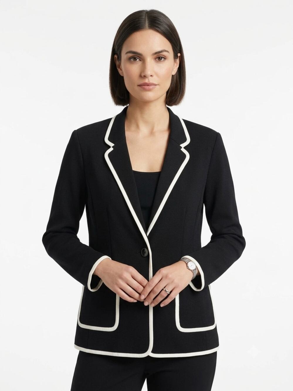 St. John Open Front Knit Cardigan Jacket Black White Womens Sz 14 EUC Wool Blend